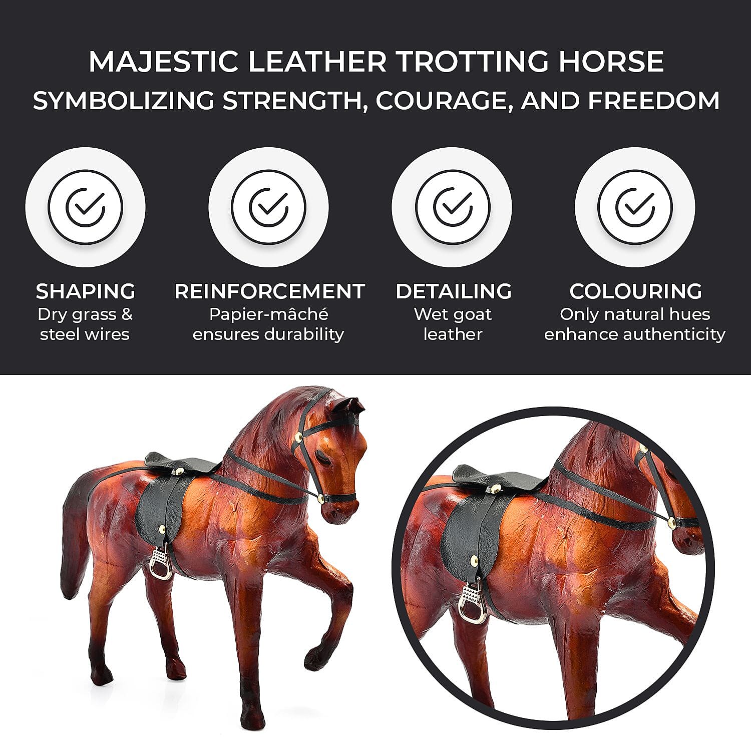 Handcrafted Pure Leather Trotting Horse Figurine (Size 30x27x10 cm) - Horse