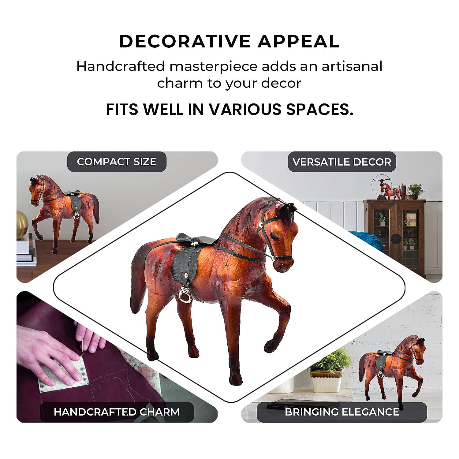 Handcrafted Pure Leather Trotting Horse Figurine (Size 30x27x10 cm) - Horse