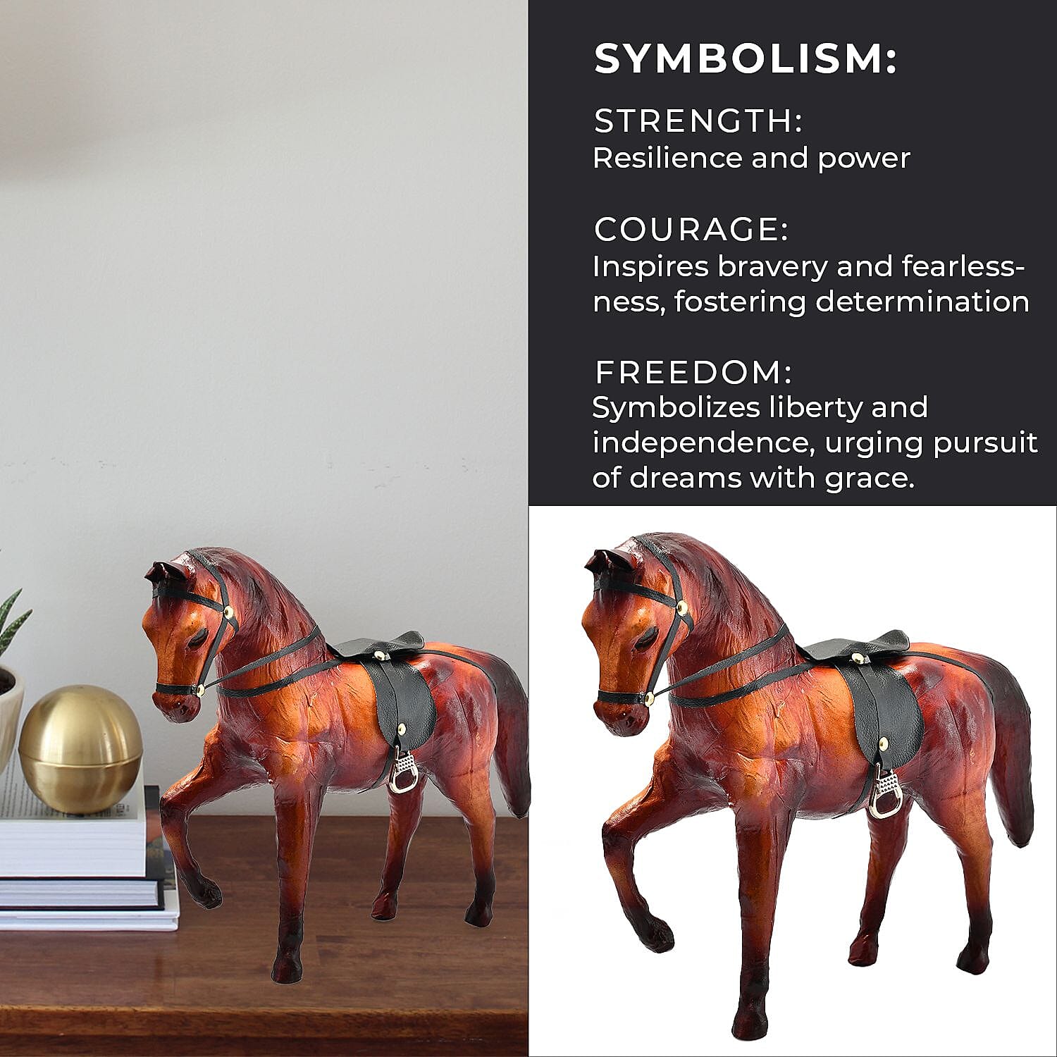 Handcrafted Pure Leather Trotting Horse Figurine (Size 30x27x10 cm) - Horse