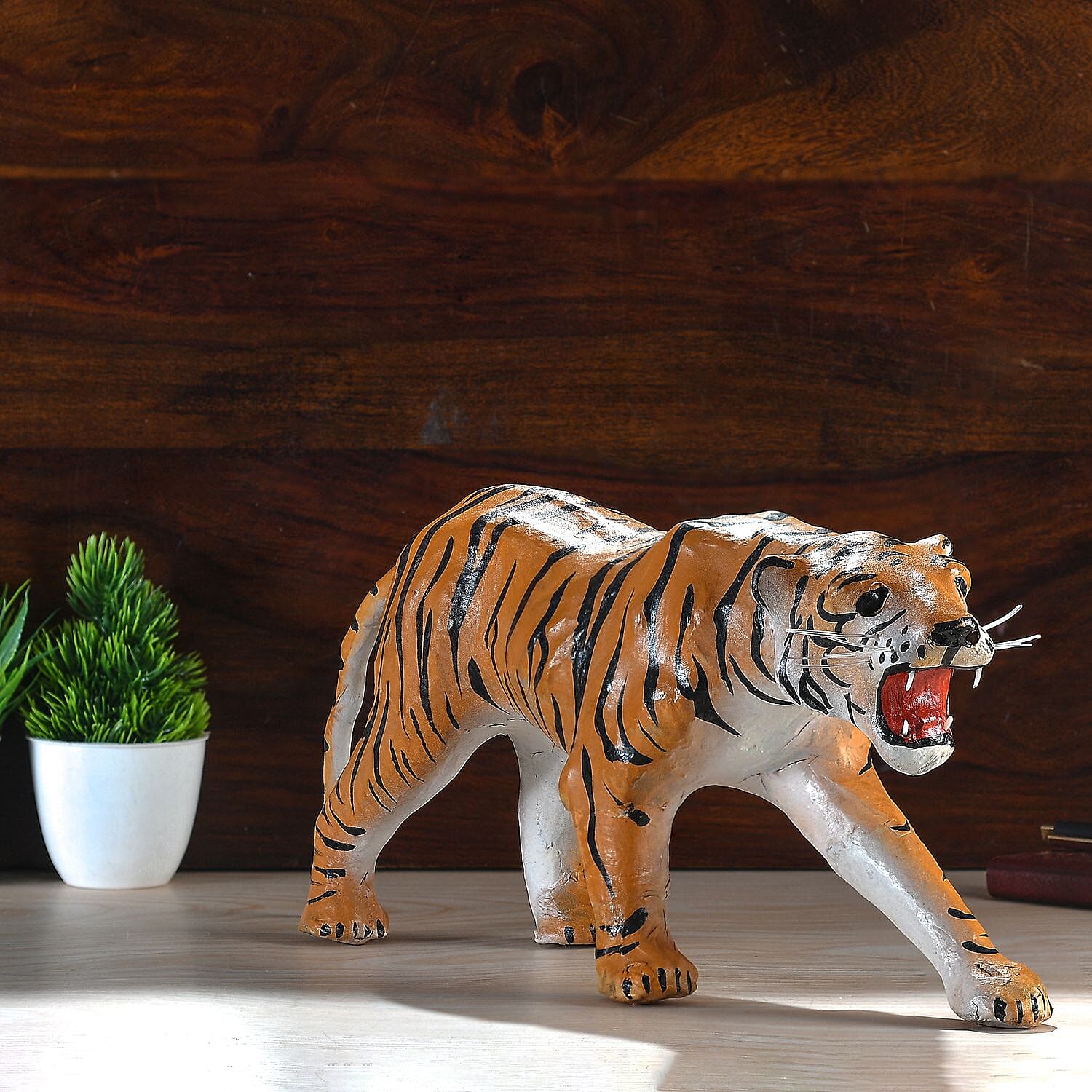 Handcrafted Pure Leather Tiger Figurine (Size 35x18x7 cm) - Brown