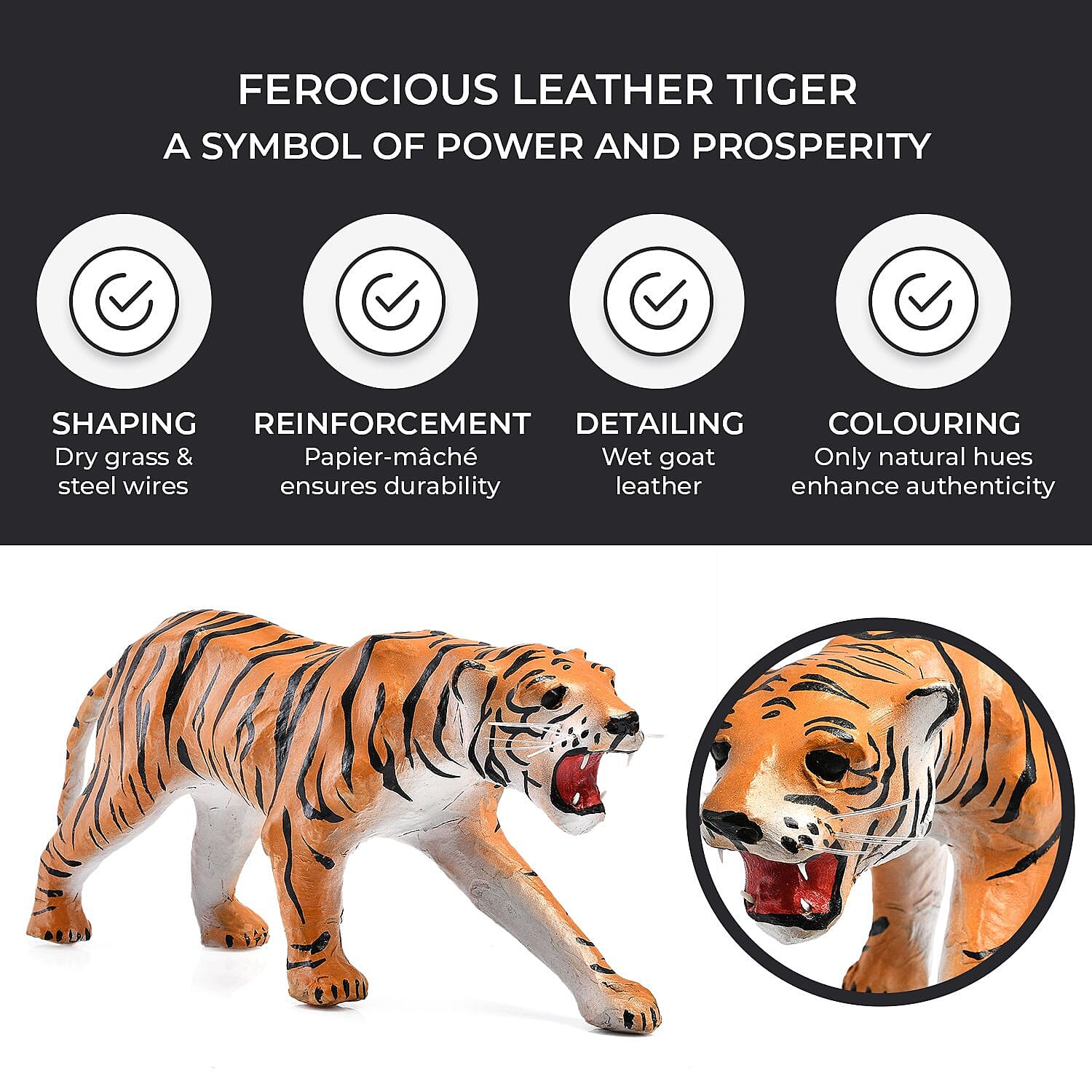 Handcrafted Pure Leather Tiger Figurine (Size 35x18x7 cm) - Brown