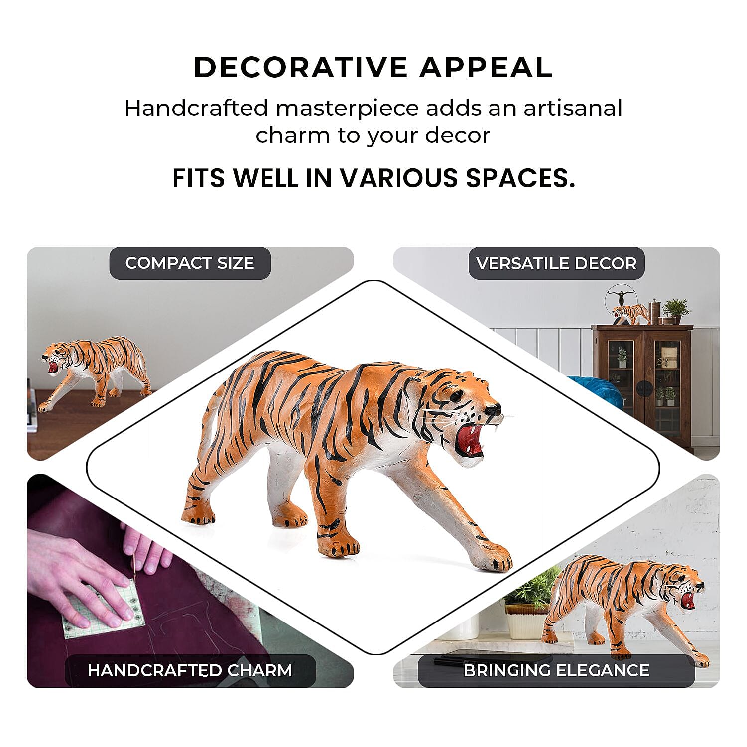 Handcrafted Pure Leather Tiger Figurine (Size 35x18x7 cm) - Brown