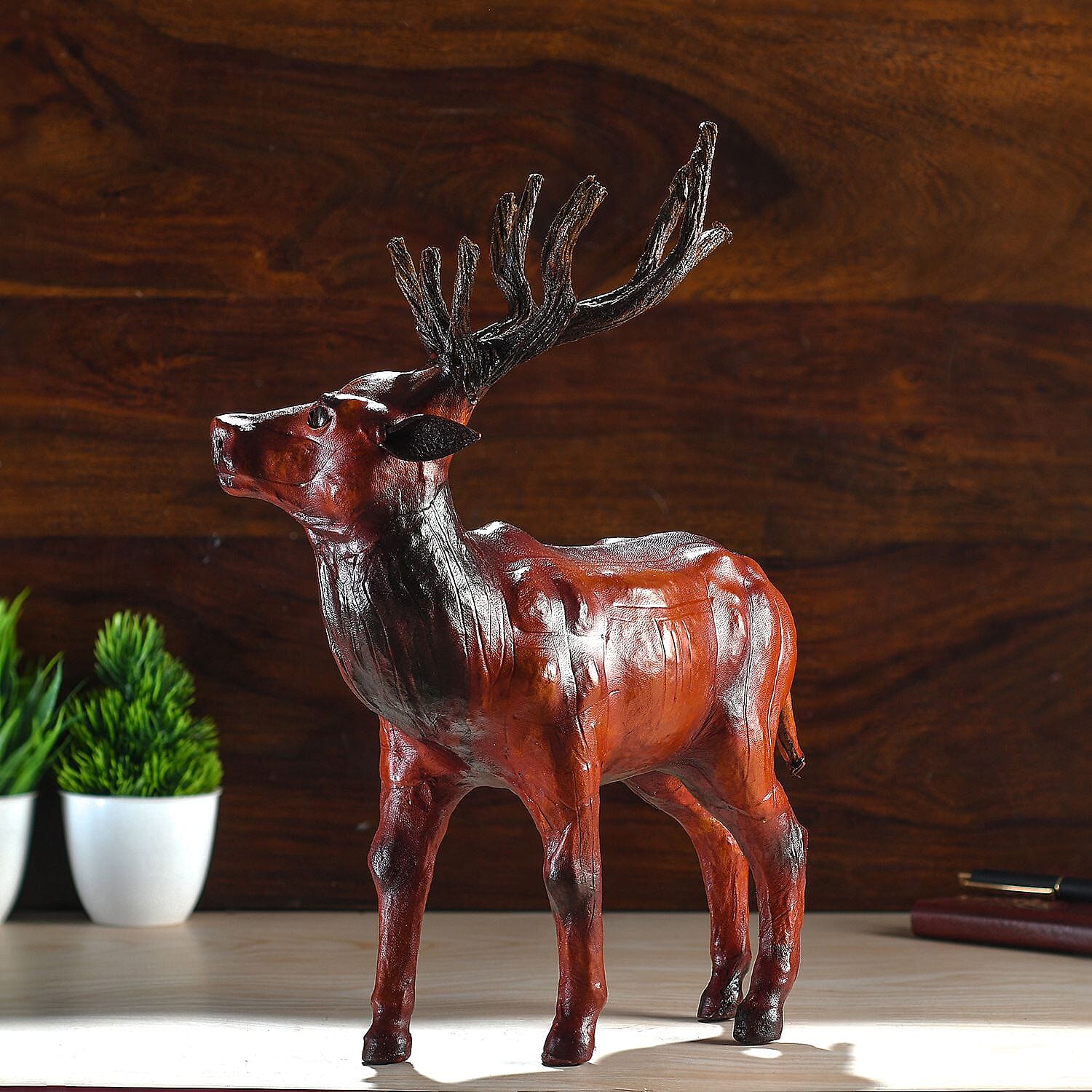 Handcrafted Pure Leather Deer Figurine (Size 33x28x10 cm) - Multi