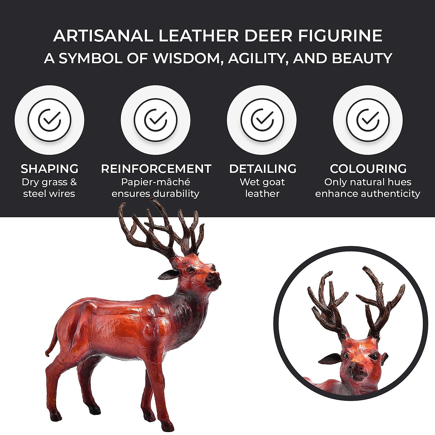 Handcrafted Pure Leather Deer Figurine (Size 33x28x10 cm) - Multi