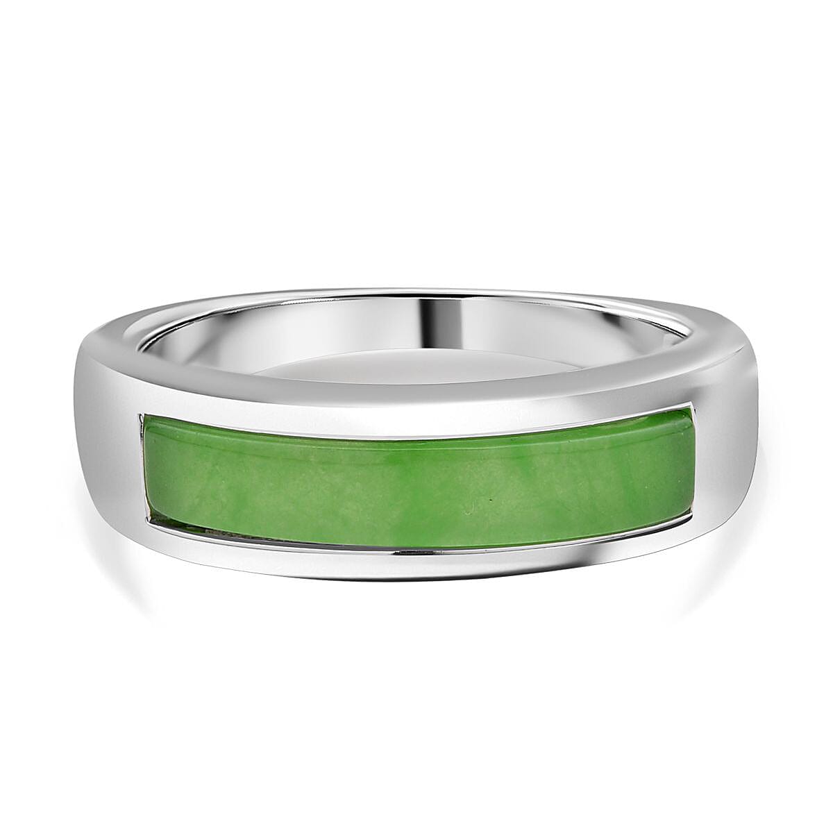 Green Jadeite Jade Band Ring in Rhodium Overlay Sterling Silver