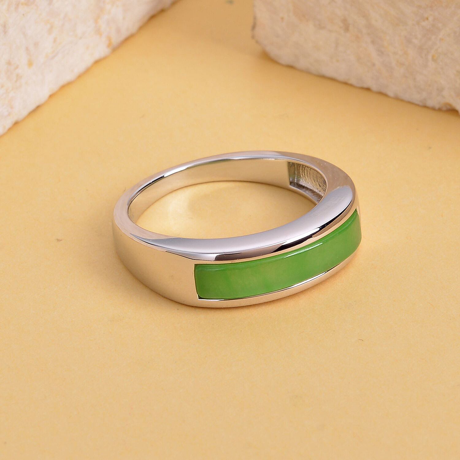 Green Jadeite Jade Band Ring in Rhodium Overlay Sterling Silver
