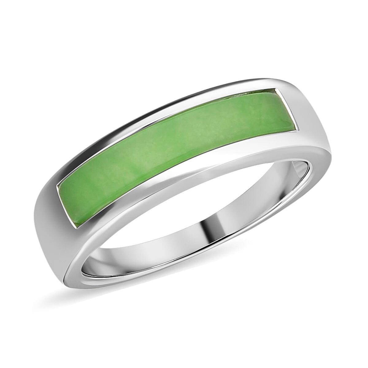 Green Jadeite Jade Band Ring in Rhodium Overlay Sterling Silver