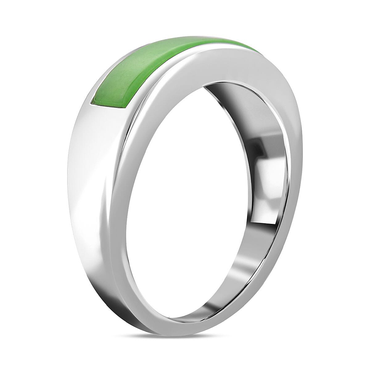 Green Jadeite Jade Band Ring in Rhodium Overlay Sterling Silver