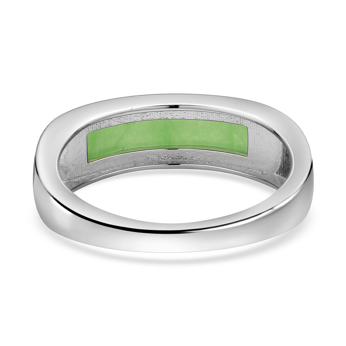Green Jadeite Jade Band Ring in Rhodium Overlay Sterling Silver
