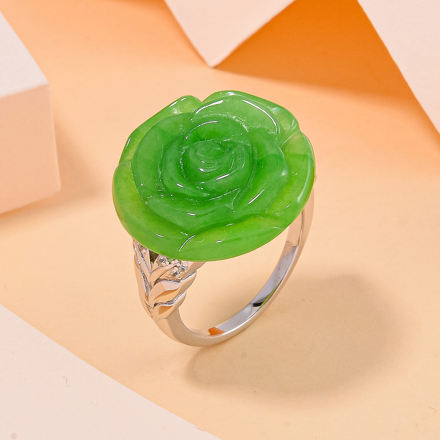 Green Jadeite Jade & Natural Zircon Floral Ring in Rhodium Overlay Sterling Silver 18.25 Ct, Silver Wt 5.00 GM
