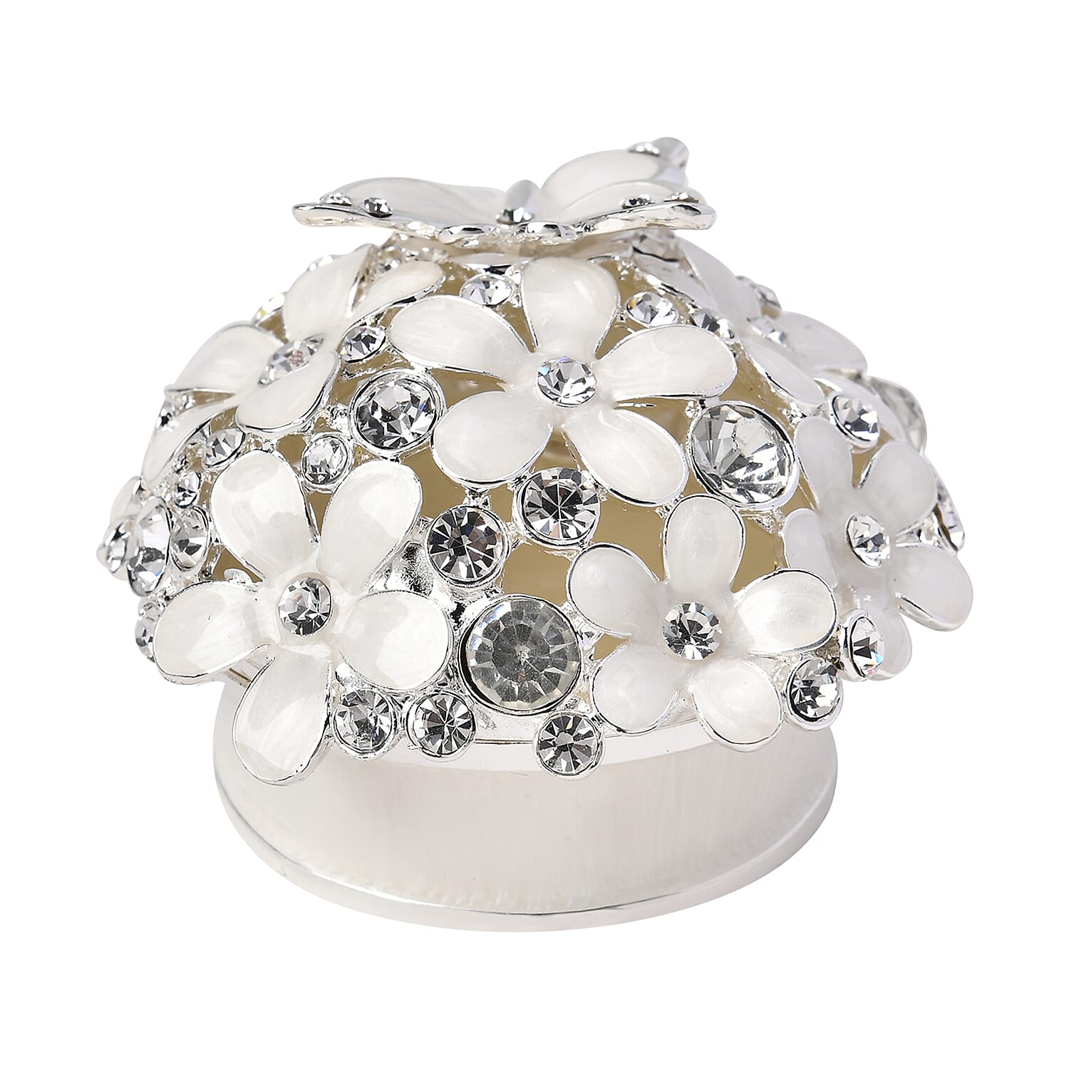 Bowknot Rhinestone Bejewelled Flower and Butterfly Trinket Box (Size 6.9x6.9x5.2 cm) - White