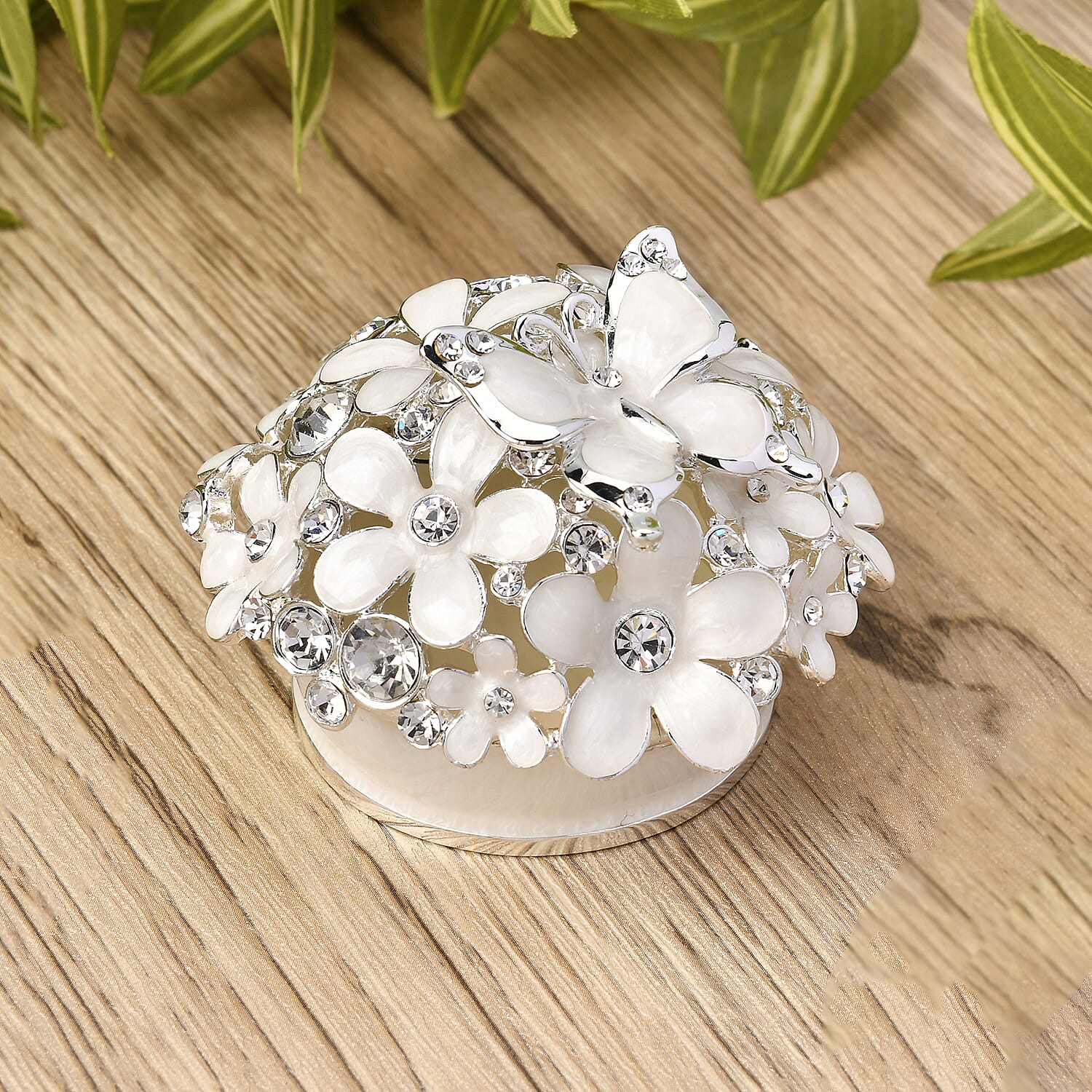 Bowknot Rhinestone Bejewelled Flower and Butterfly Trinket Box (Size 6.9x6.9x5.2 cm) - White