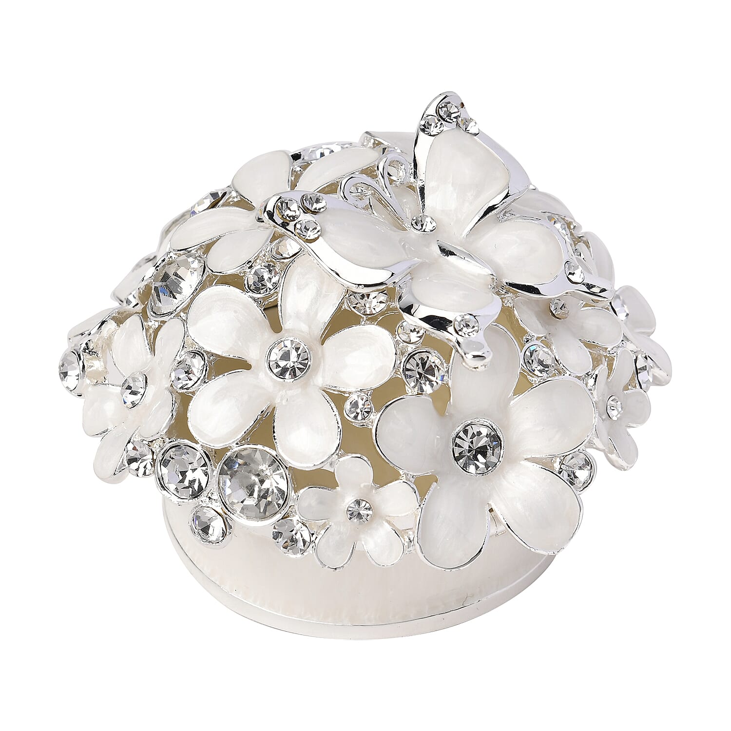 Bowknot Rhinestone Bejewelled Flower and Butterfly Trinket Box (Size 6.9x6.9x5.2 cm) - White