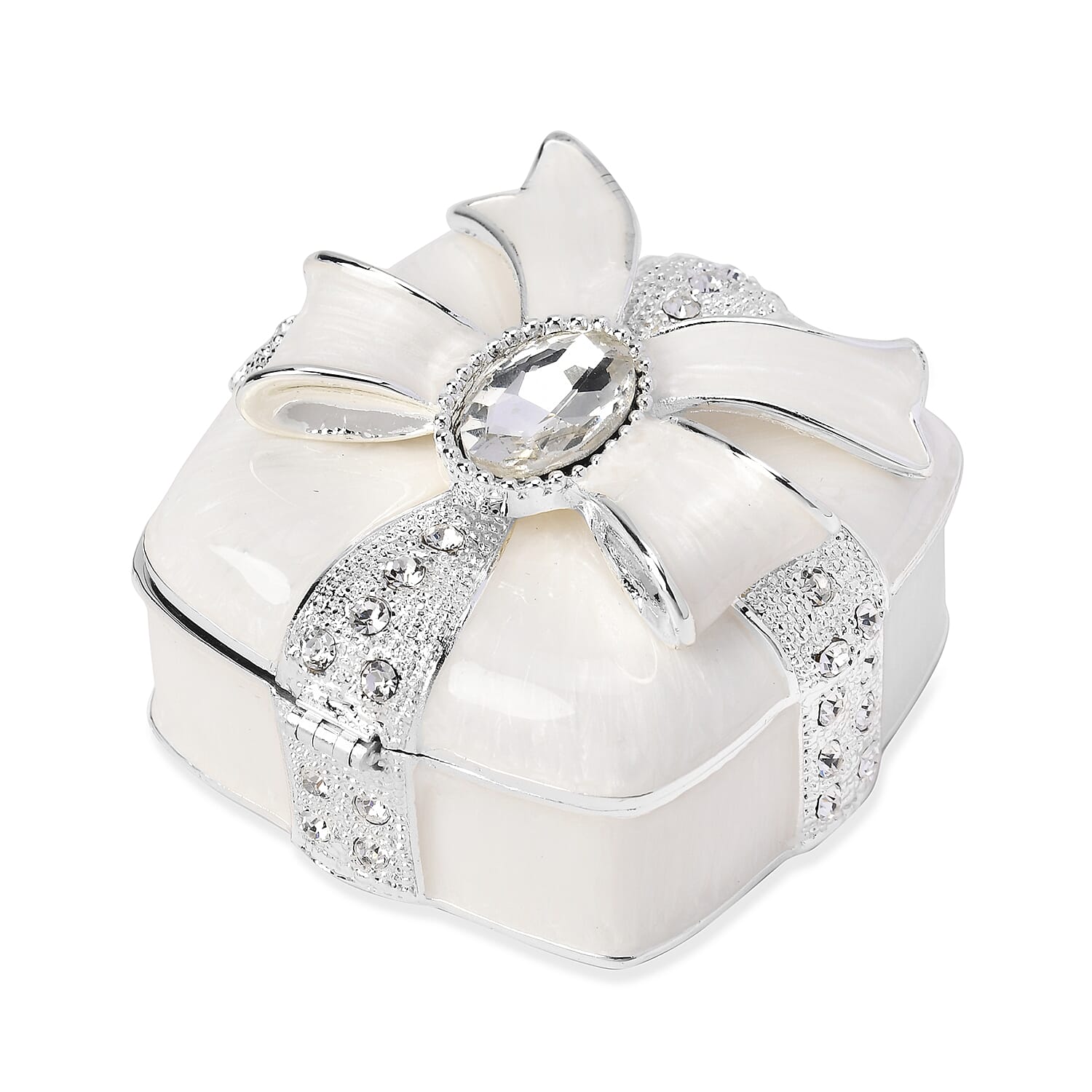 Bowknot Rhinestone Bejewelled Square Trinket Box (Size 6.4x6.5x3.8 cm) - White