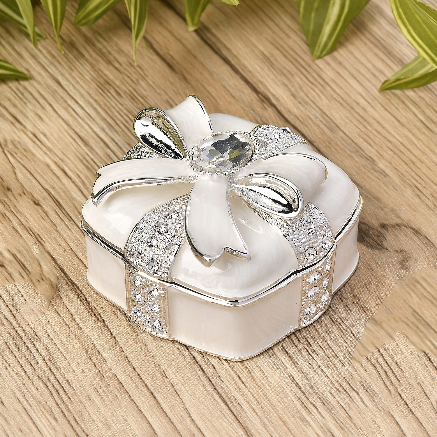 Bowknot Rhinestone Bejewelled Square Trinket Box (Size 6.4x6.5x3.8 cm) - White