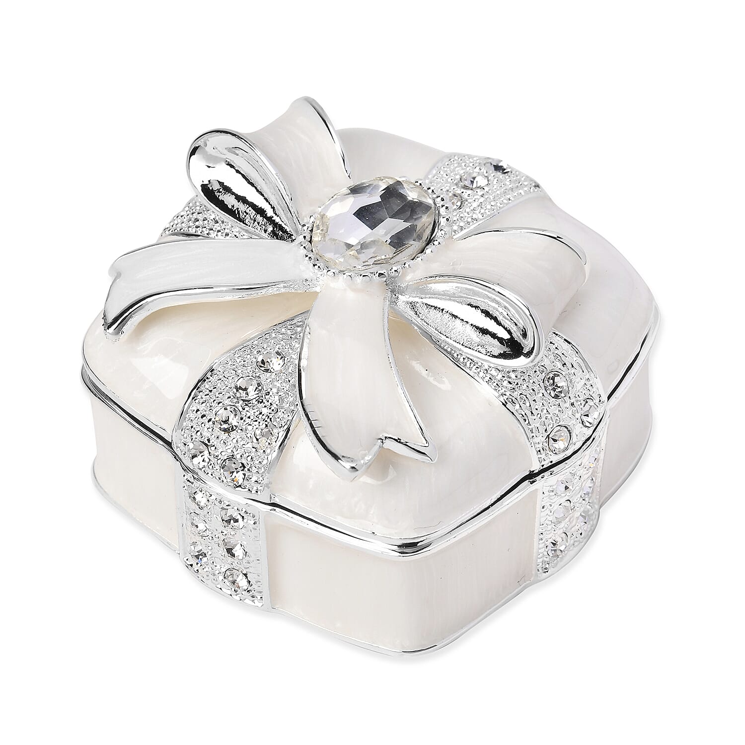 Bowknot Rhinestone Bejewelled Square Trinket Box (Size 6.4x6.5x3.8 cm) - White