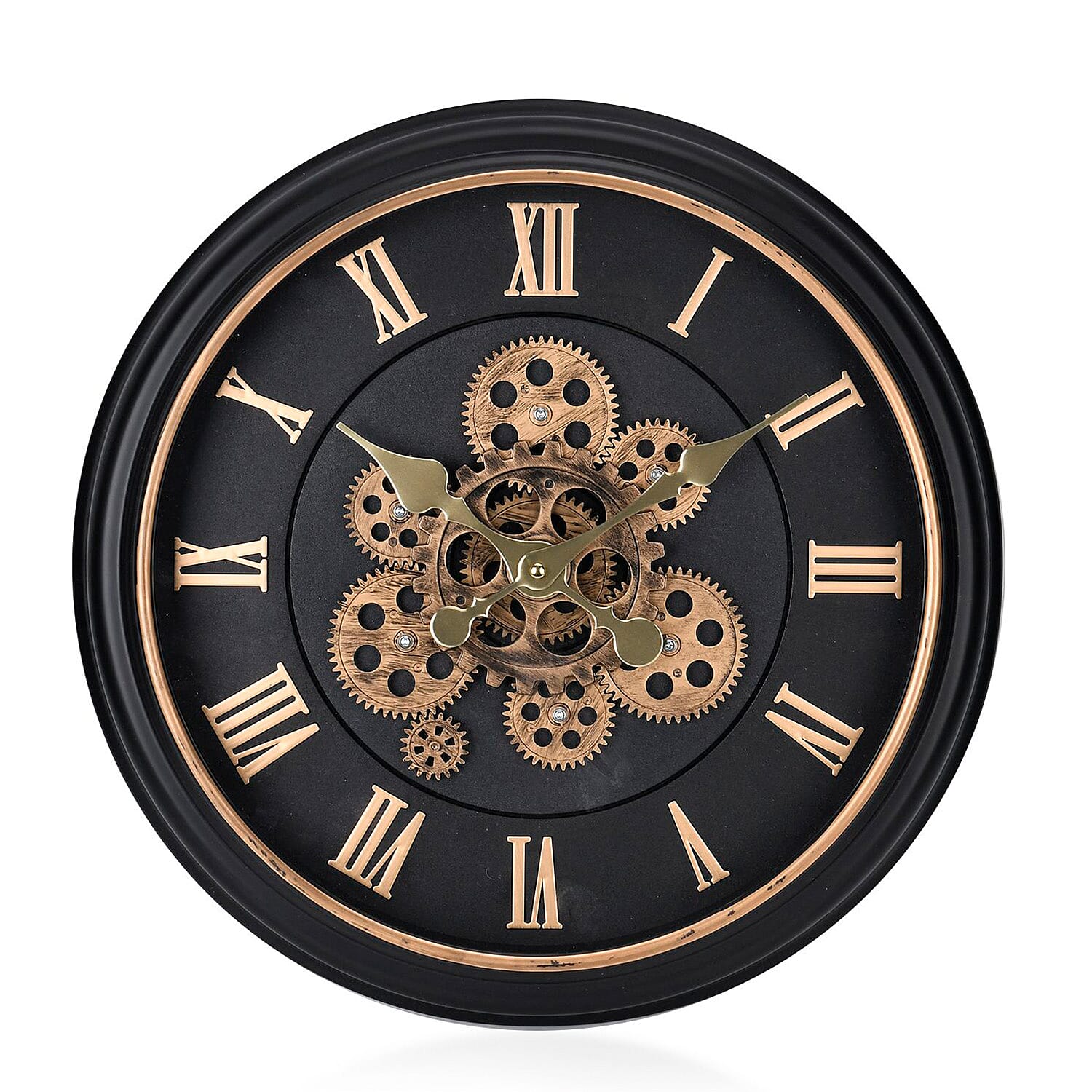 Large Vintage Turning Gears Wall Clock with Large Roman Numerals, Distinctive Retro Design (Size 45 cm) - Black Curve