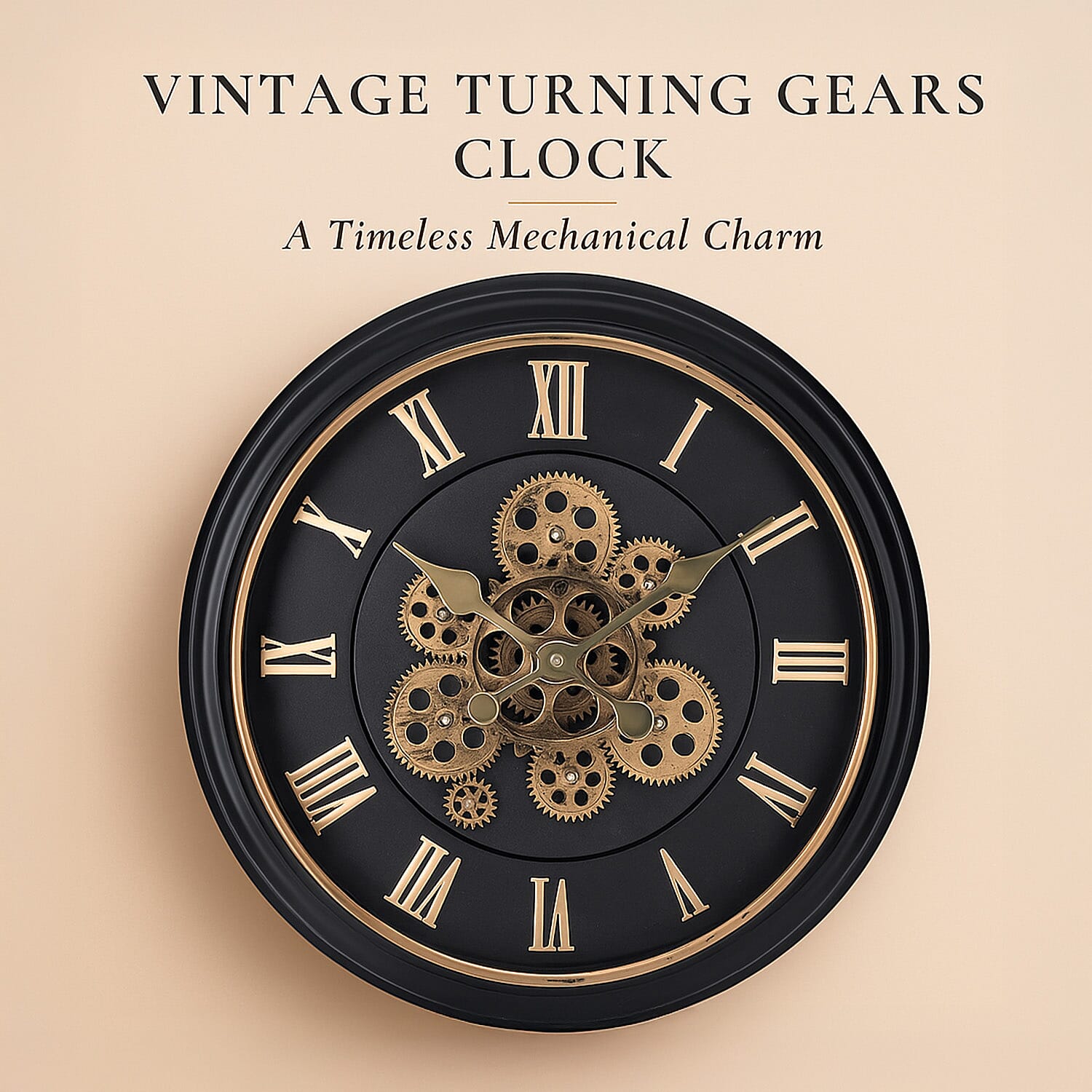 Large Vintage Turning Gears Wall Clock with Large Roman Numerals, Distinctive Retro Design (Size 45 cm) - Black Curve