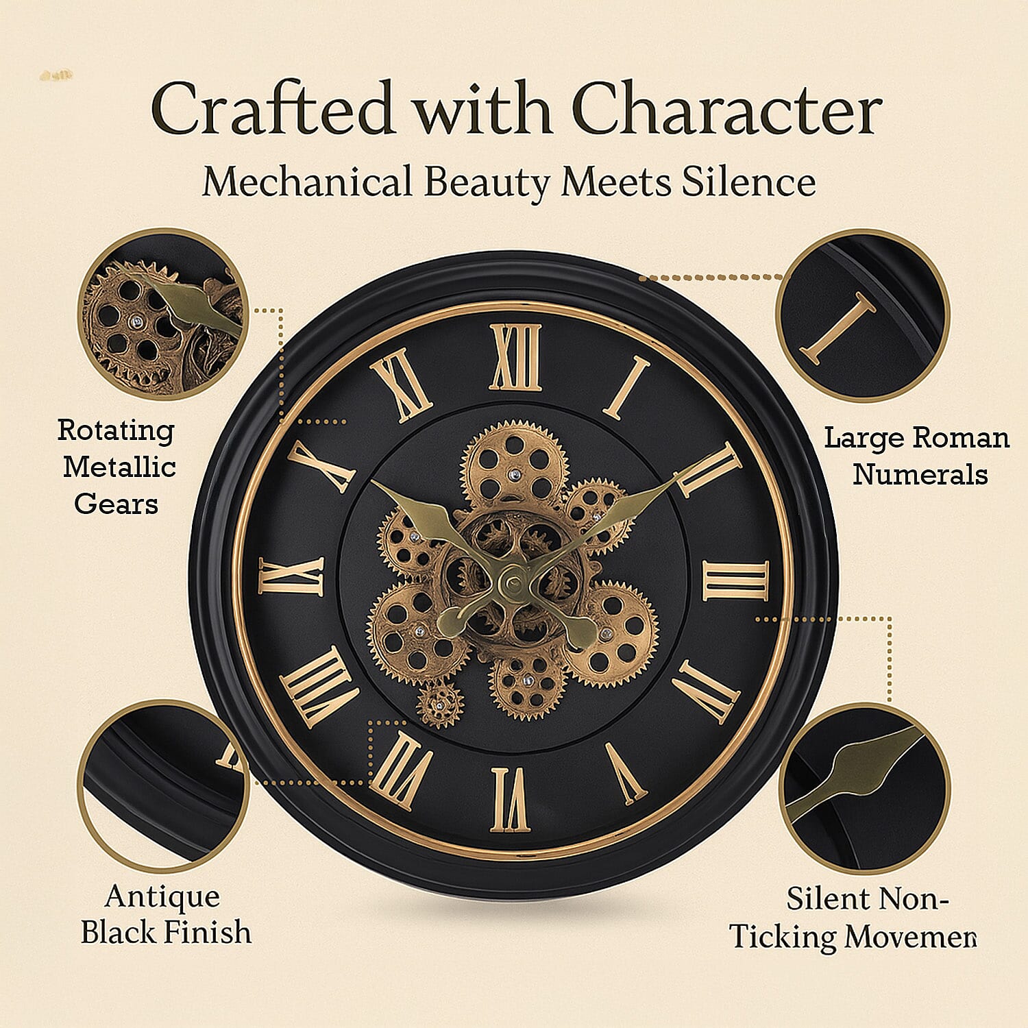 Large Vintage Turning Gears Wall Clock with Large Roman Numerals, Distinctive Retro Design (Size 45 cm) - Black Curve