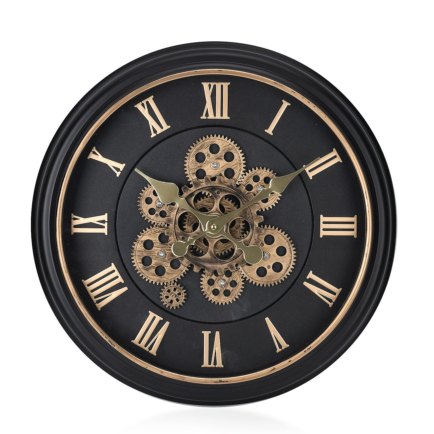 Lsrge Vintage Turning Gears Wall Clock with Large Roman Numerals (Size 45 cm) - Black