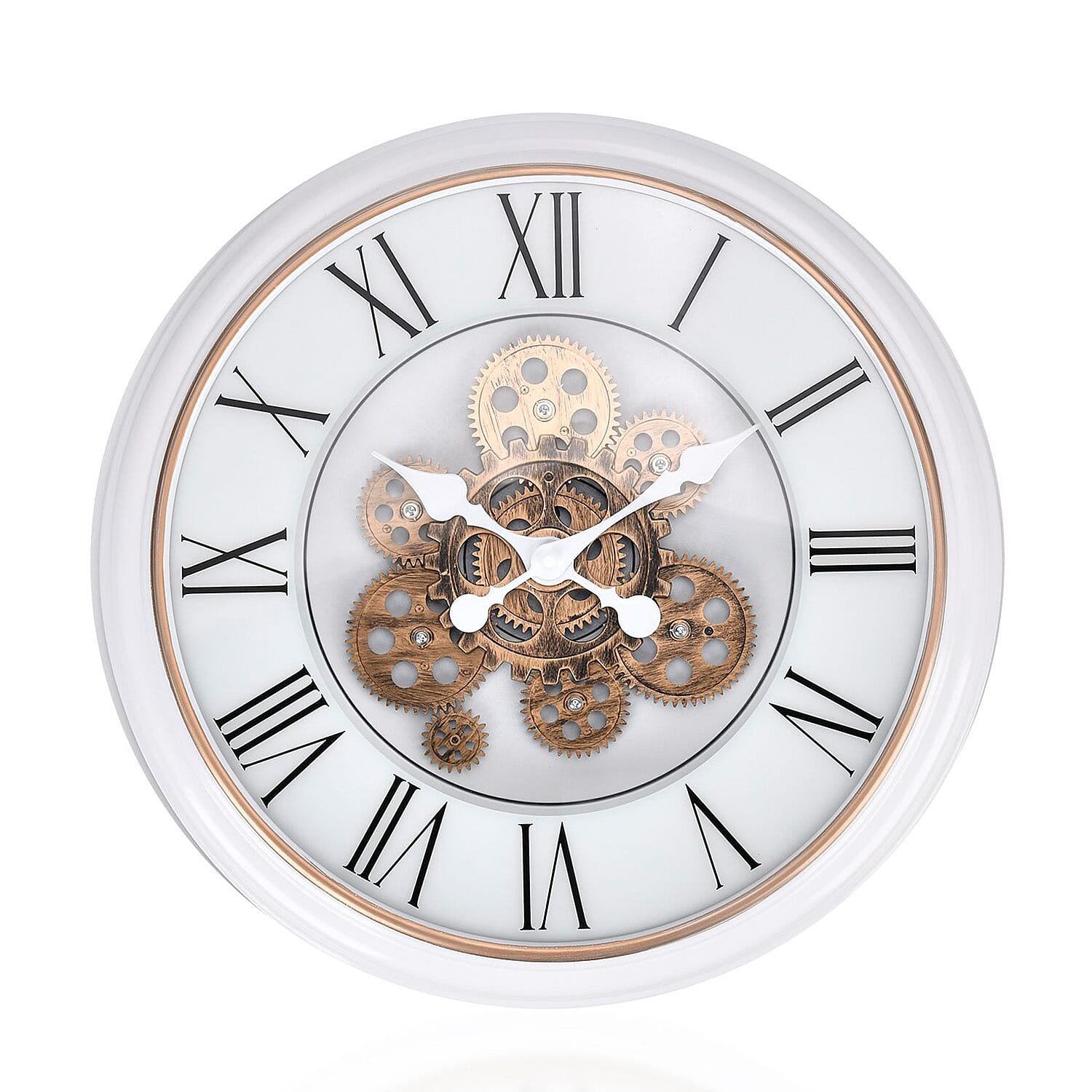 Large Vintage Turning Gears Wall Clock with Large Roman Numerals, Distinctive Retro Design (Size 45 cm) - White Curve