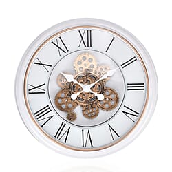 Large Vintage Turning Gears Wall Clock with Large Roman Numerals, Distinctive Retro Design (Size 45 cm) - White Curve