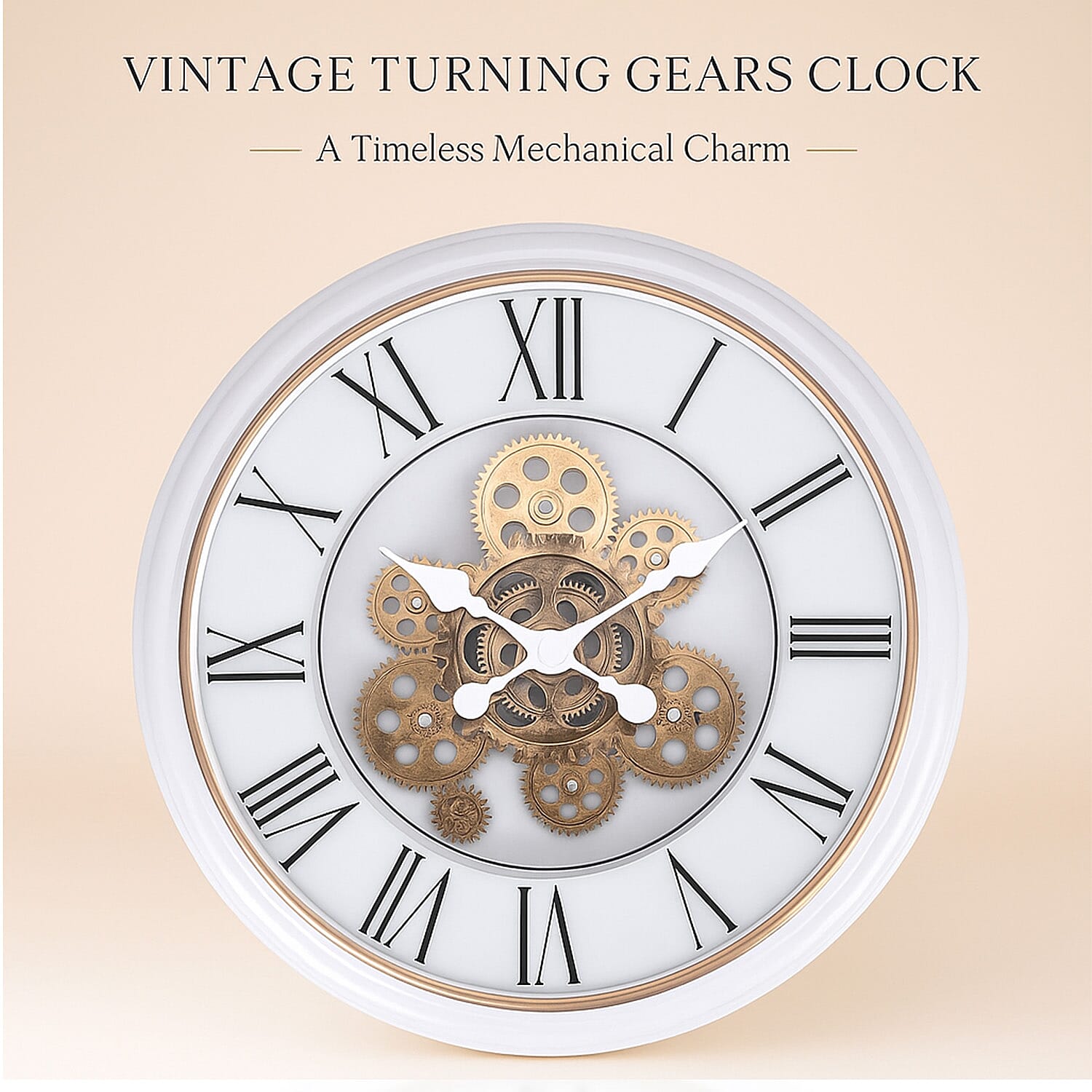 Large Vintage Turning Gears Wall Clock with Large Roman Numerals, Distinctive Retro Design (Size 45 cm) - White Curve