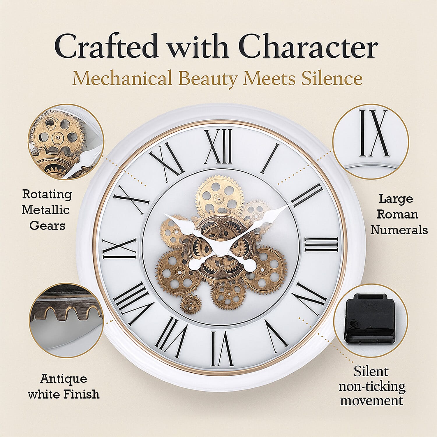 Large Vintage Turning Gears Wall Clock with Large Roman Numerals, Distinctive Retro Design (Size 45 cm) - White Curve