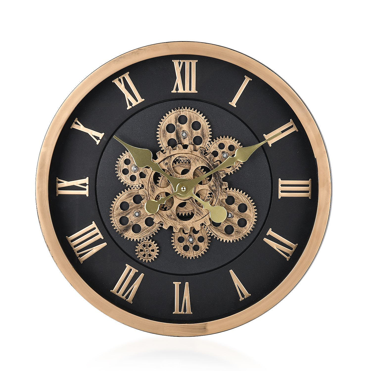 Lsrge Vintage Turning Gears Wall Clock with Large Roman Numerals (Size 40 cm) - Black
