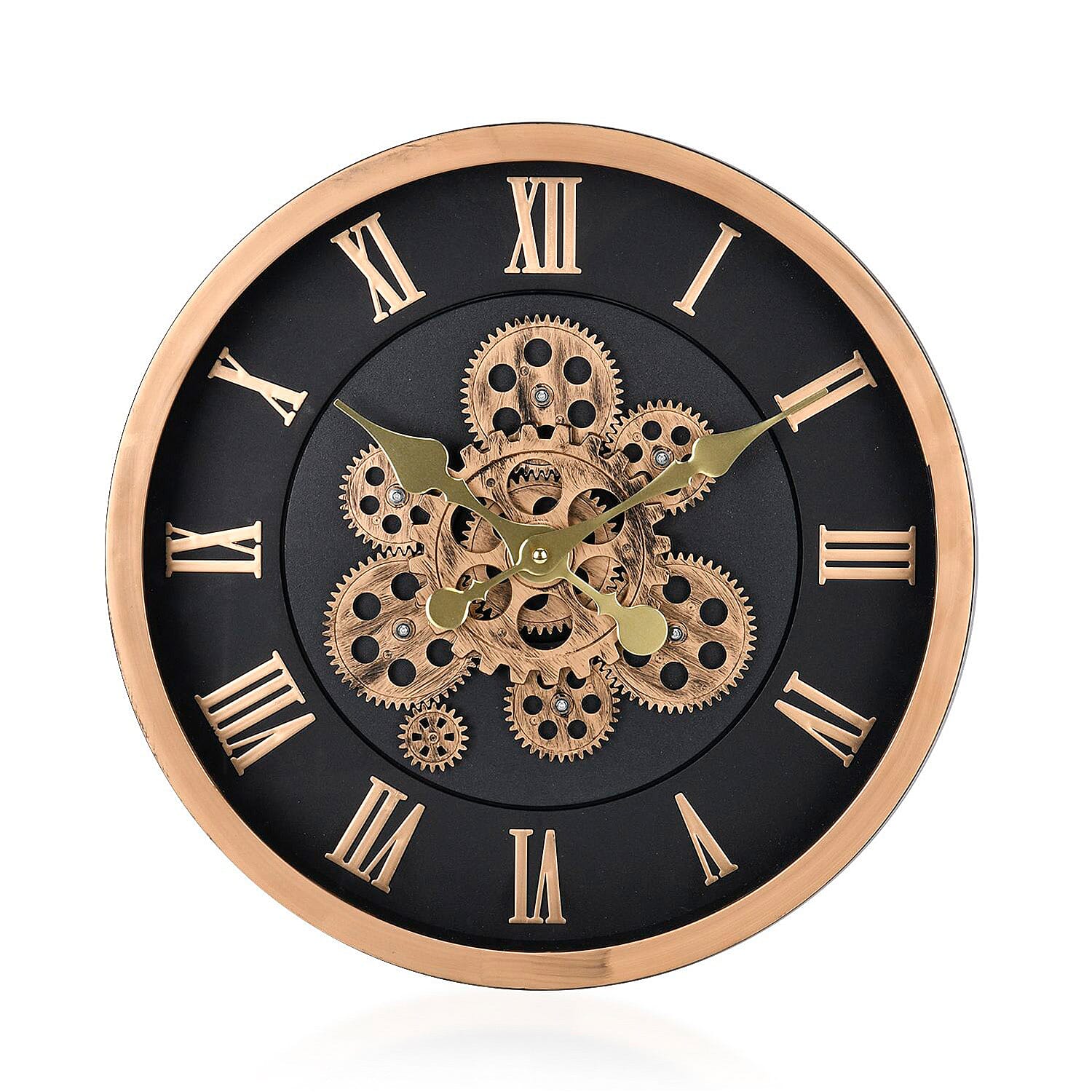 Large Vintage Turning Gears Wall Clock with Large Roman Numerals, Distinctive Retro Design (Size 45 cm) - Black plain