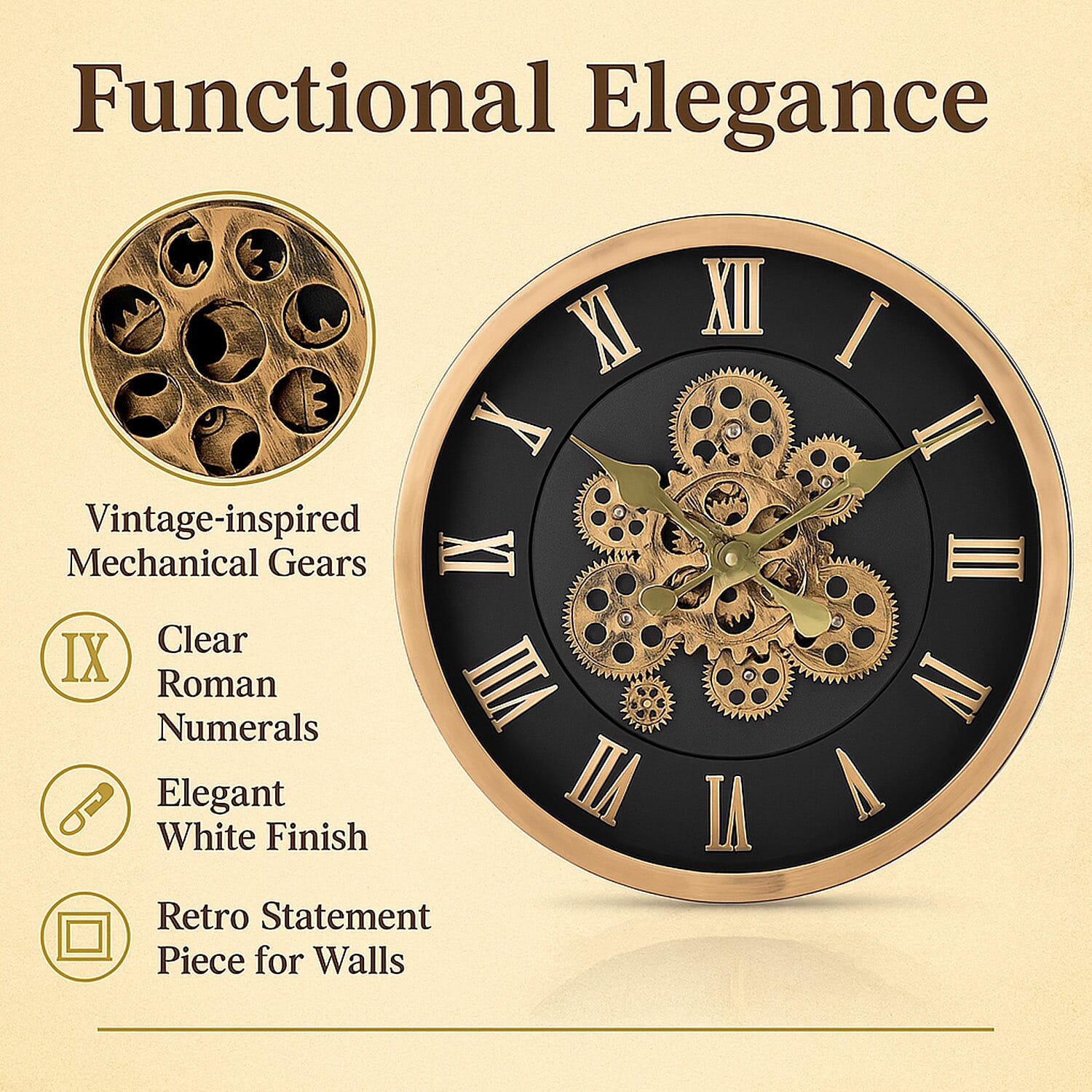 Large Vintage Turning Gears Wall Clock with Large Roman Numerals, Distinctive Retro Design (Size 45 cm) - Black plain