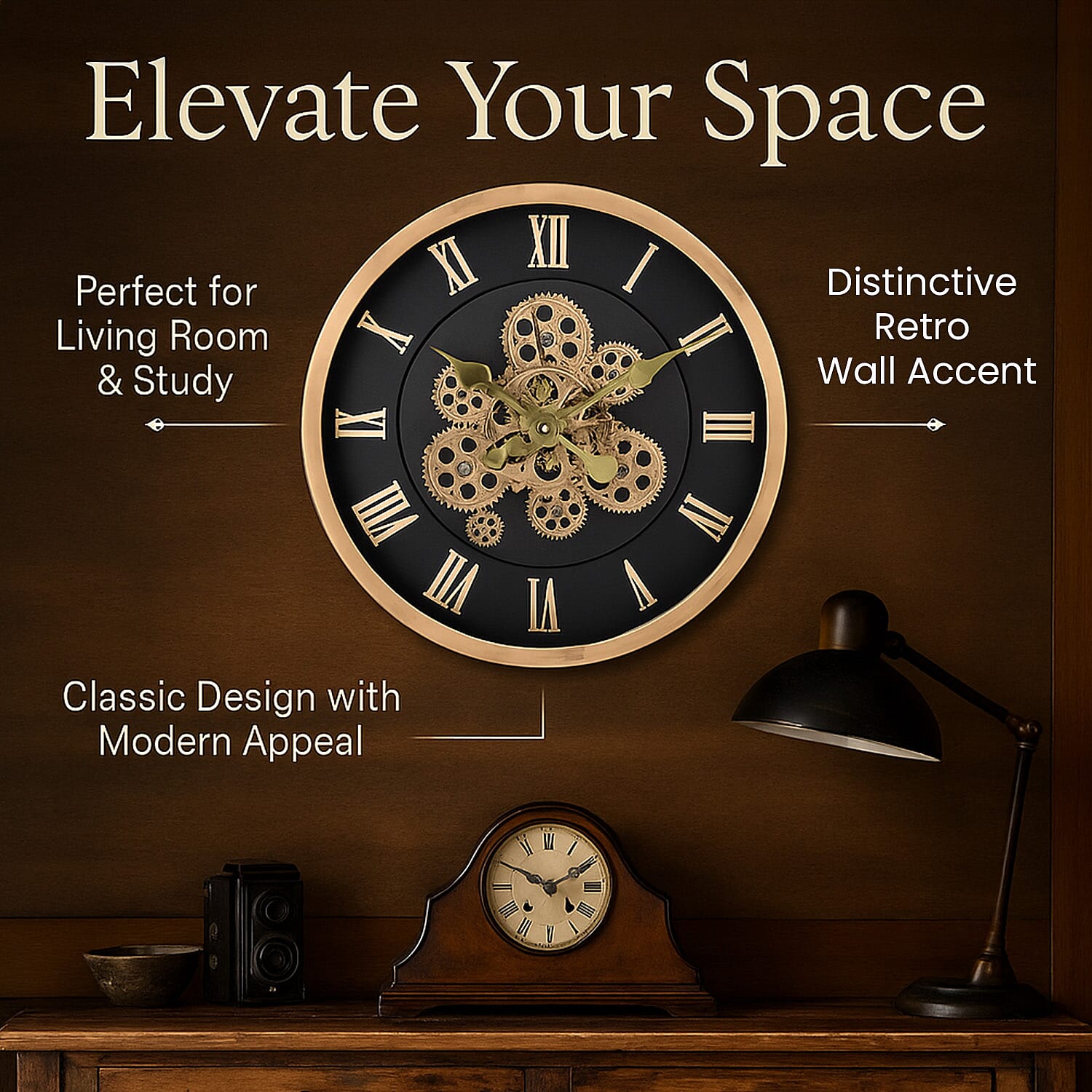 Large Vintage Turning Gears Wall Clock with Large Roman Numerals, Distinctive Retro Design (Size 45 cm) - Black plain