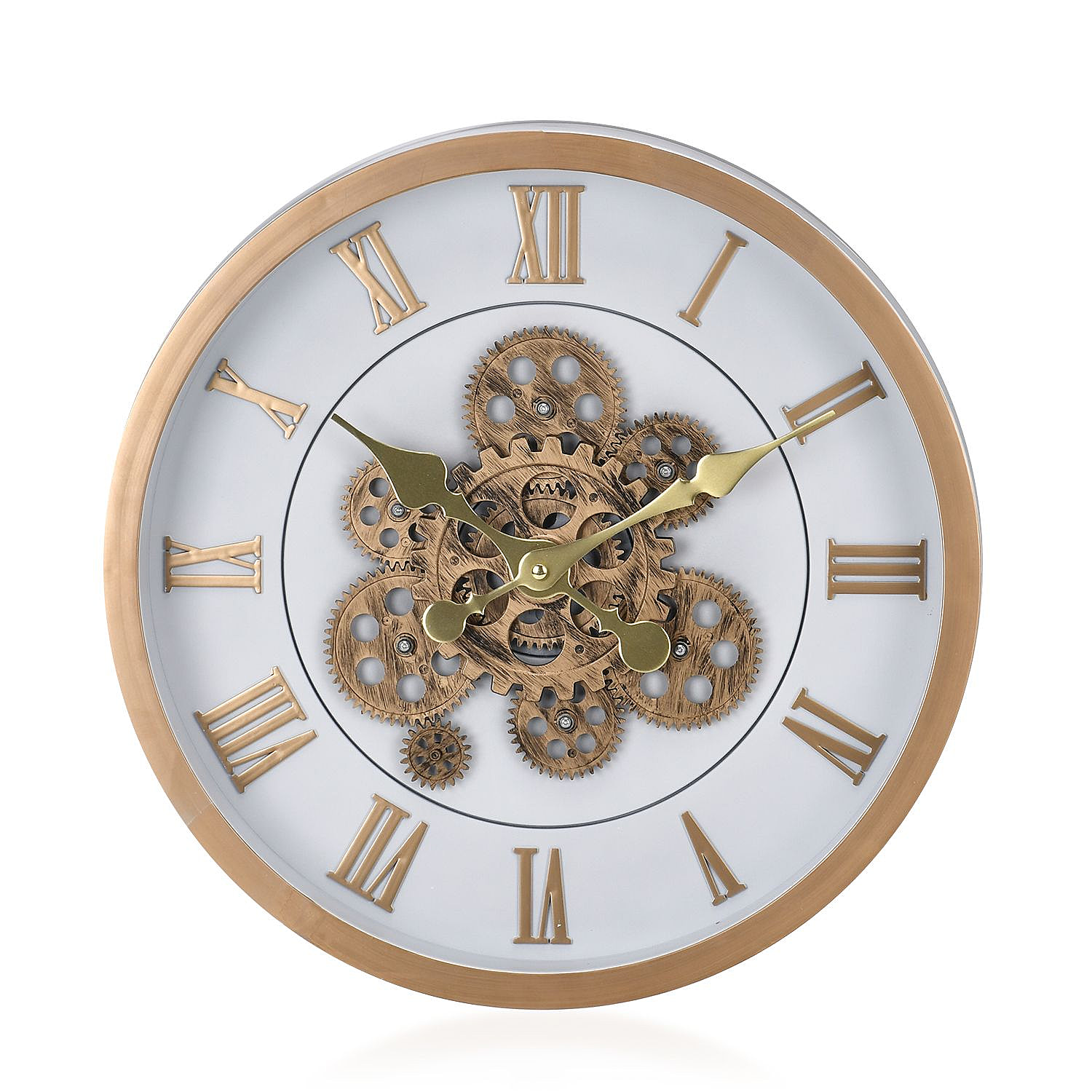 Lsrge Vintage Turning Gears Wall Clock with Large Roman Numerals (Size 40 cm) - Whitr