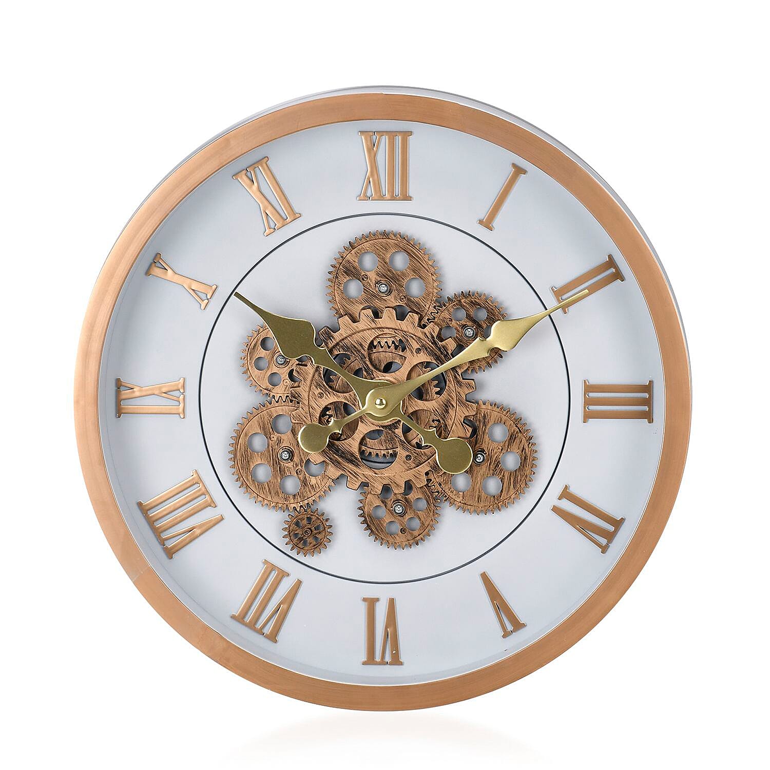 Large Vintage Turning Gears Wall Clock with Large Roman Numerals, Distinctive Retro Design (Size 45 cm) - White Plain
