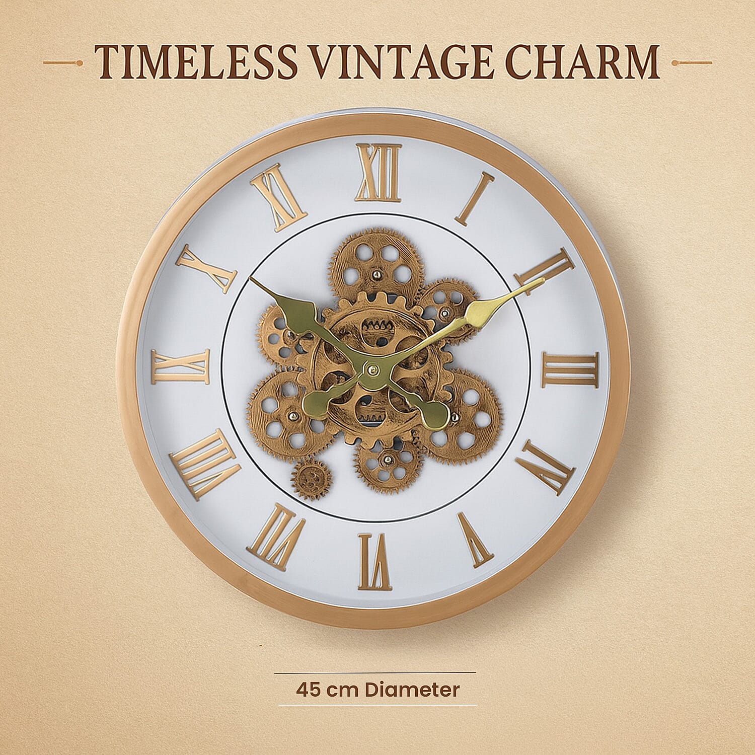Large Vintage Turning Gears Wall Clock with Large Roman Numerals, Distinctive Retro Design (Size 45 cm) - White Plain