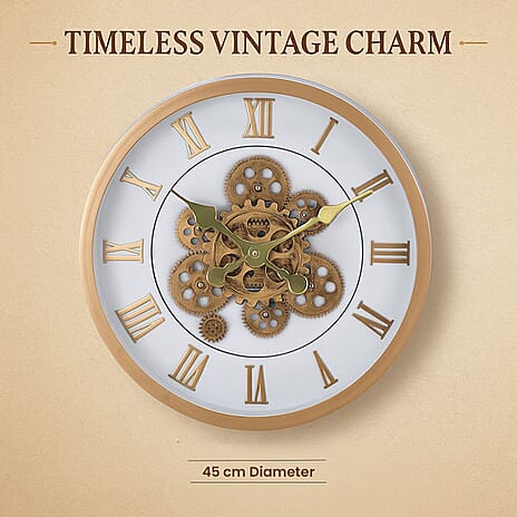 Large Vintage Turning Gears Wall Clock with Large Roman Numerals, Distinctive Retro Design (Size 45 cm) - White Plain
