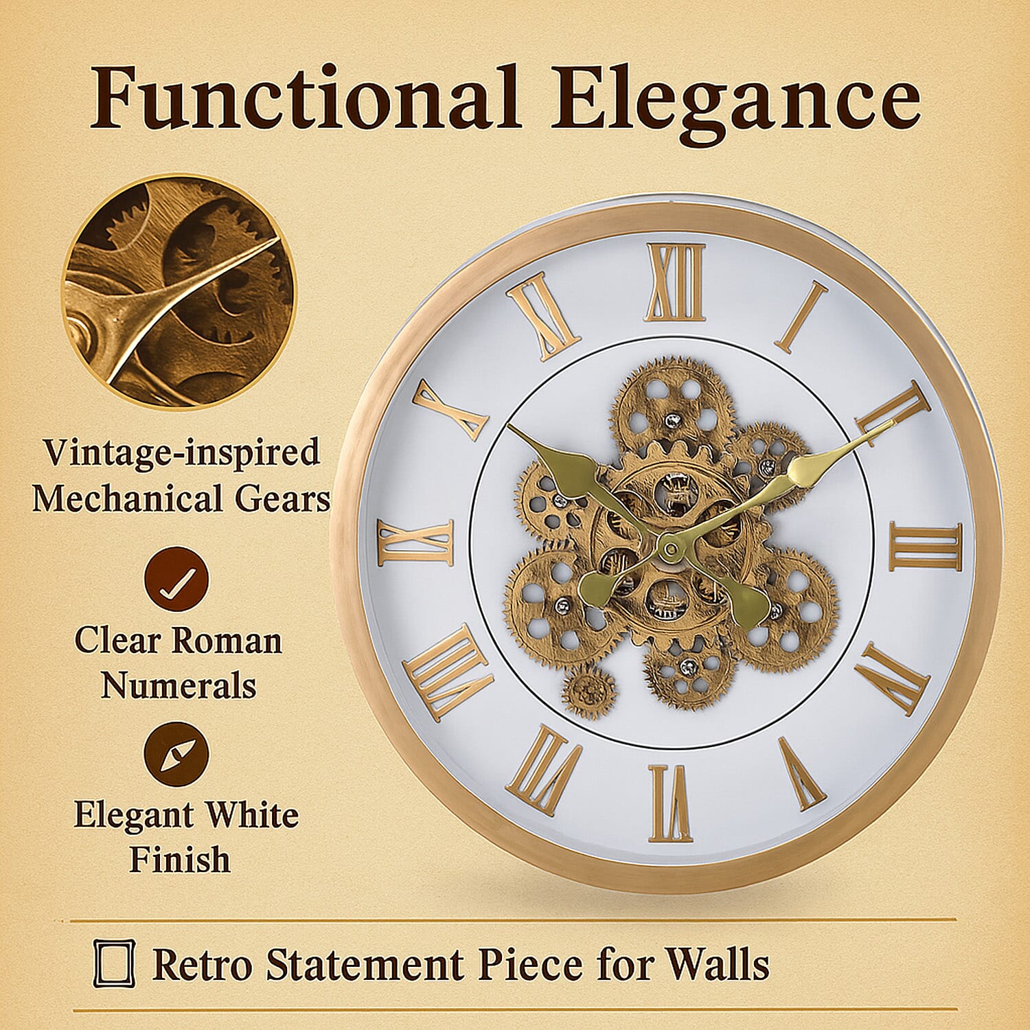 Large Vintage Turning Gears Wall Clock with Large Roman Numerals, Distinctive Retro Design (Size 45 cm) - White Plain