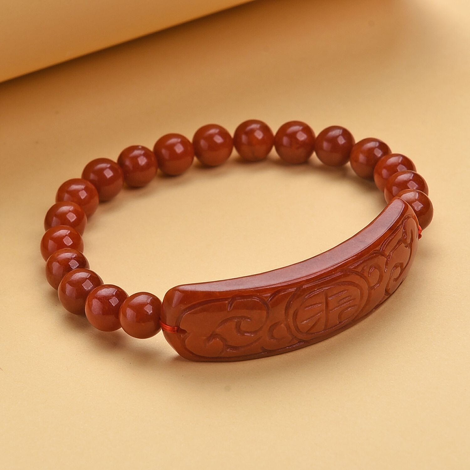 Red Jadeite Jade Beads Carved Bracelet (Size 7-7.5) 150.00 Ct.