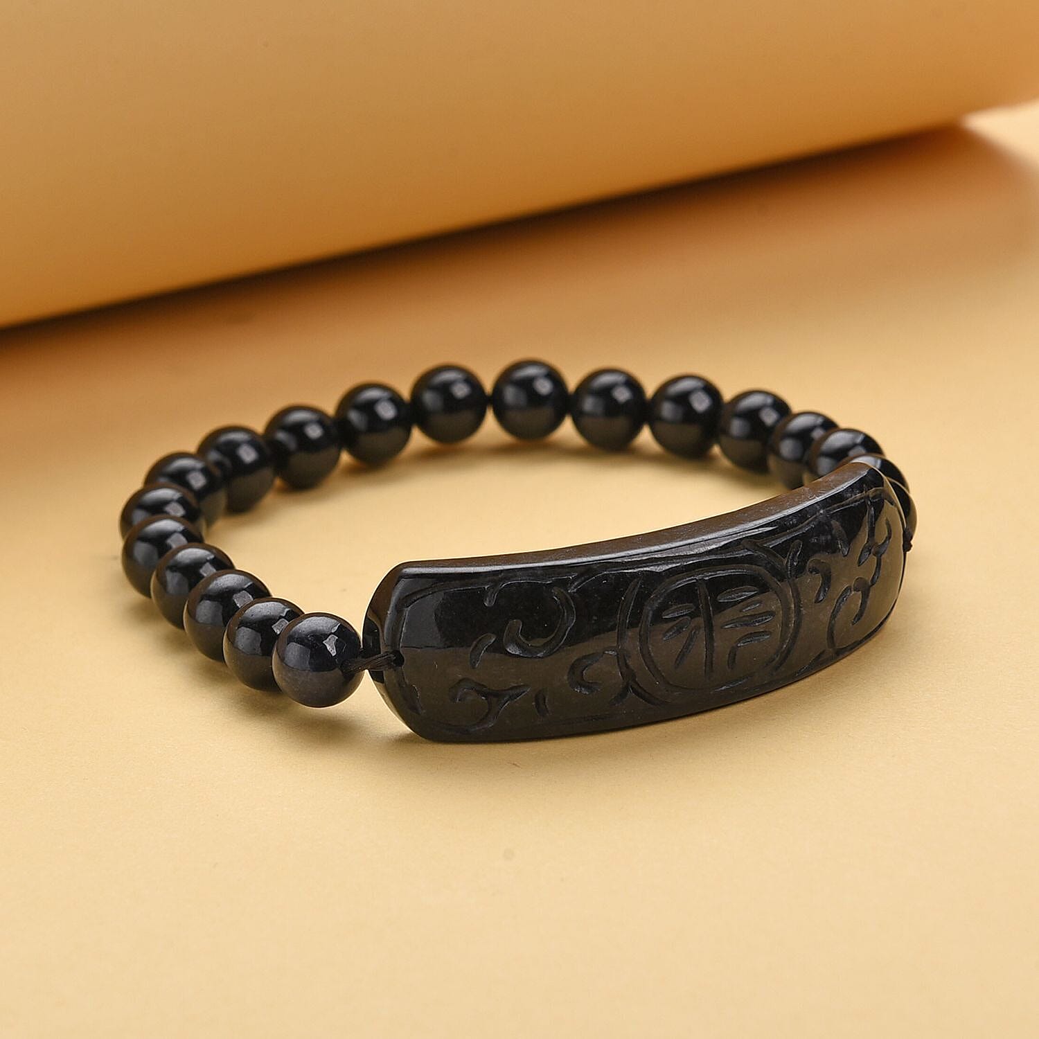Black Jadeite Jade Beads Carved Bracelet (Size 7-7.5) 150.00 Ct.