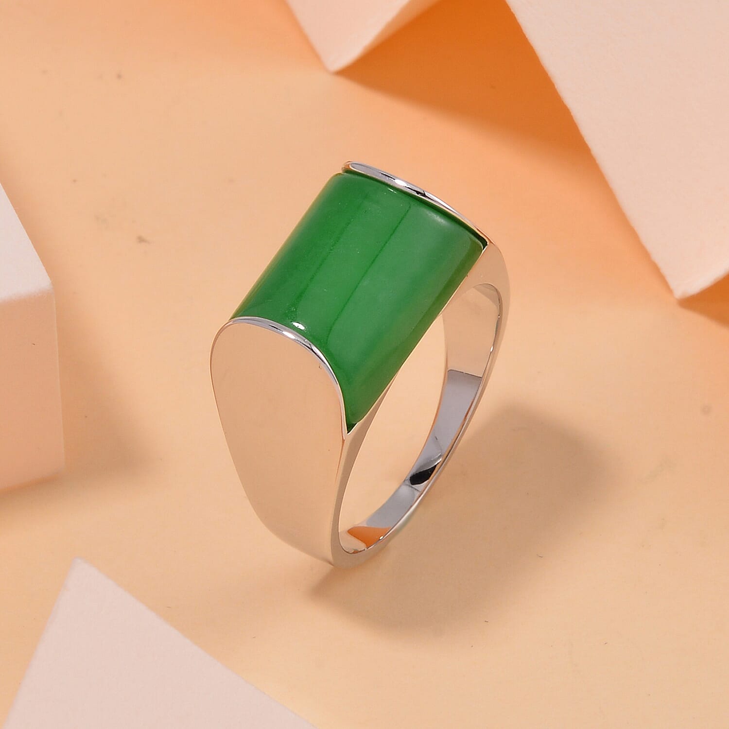 Green Jade Ring in Rhodium Overlay Sterling Silver 12.00 Ct, Silver Wt. 6.50 GM