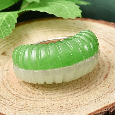 Green & Natural White Jade Dome Ring in Rhodium Overlay Sterling Silver 25.80 Ct, Silver Wt 6.50 GM