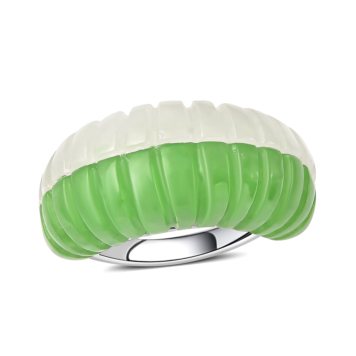 Green & Natural White Jade Dome Ring in Rhodium Overlay Sterling Silver 25.84 Ct