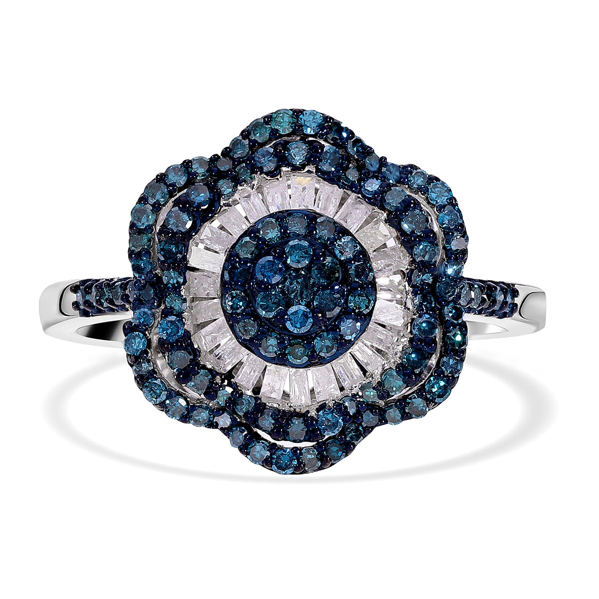 Designer Inspired- Blue Diamond and White Diamond Ring in Platinum Overlay Sterling Silver 1.00 Ct