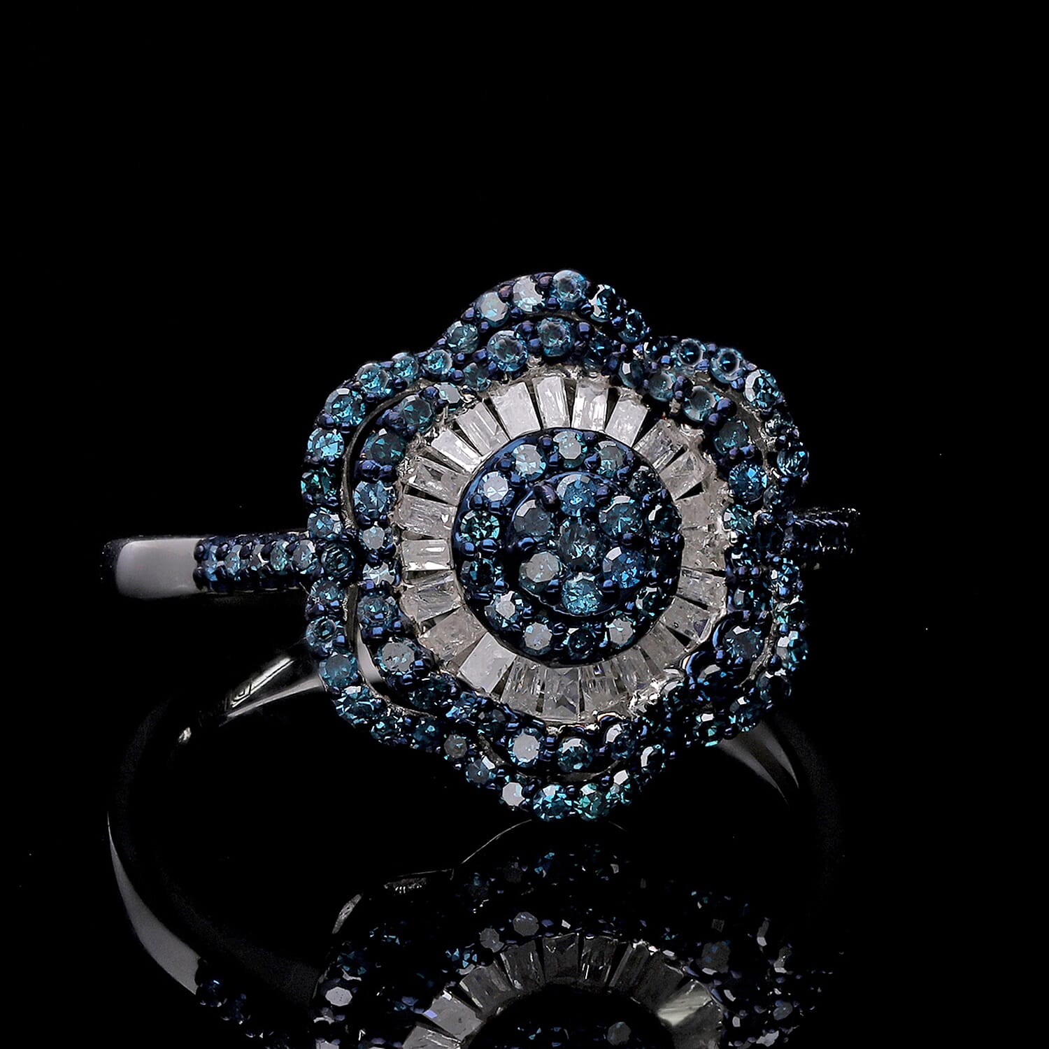 Designer Inspired- Blue Diamond and White Diamond Ring in Platinum Overlay Sterling Silver 1.00 Ct