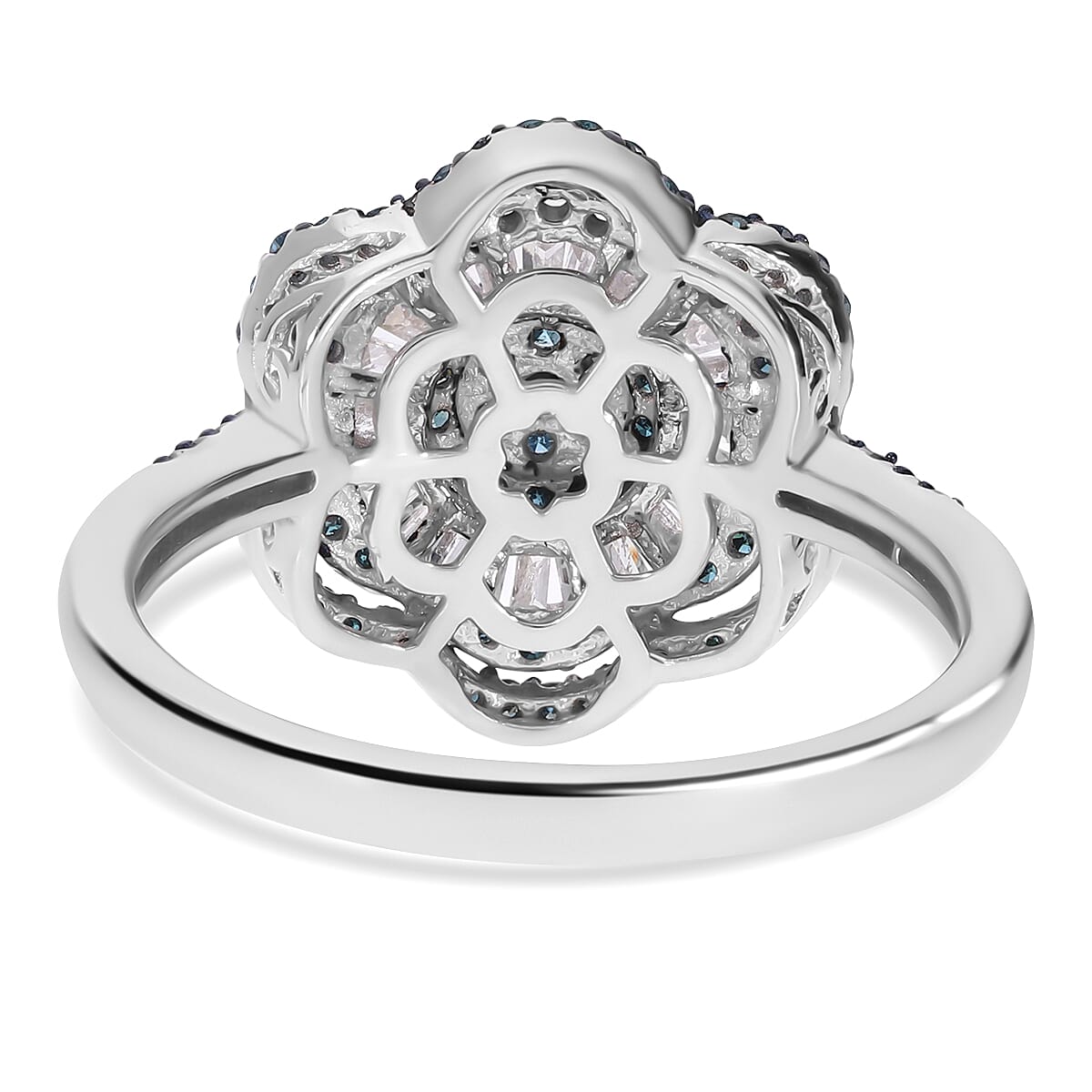 Designer Inspired- Blue Diamond and White Diamond Ring in Platinum Overlay Sterling Silver 1.00 Ct