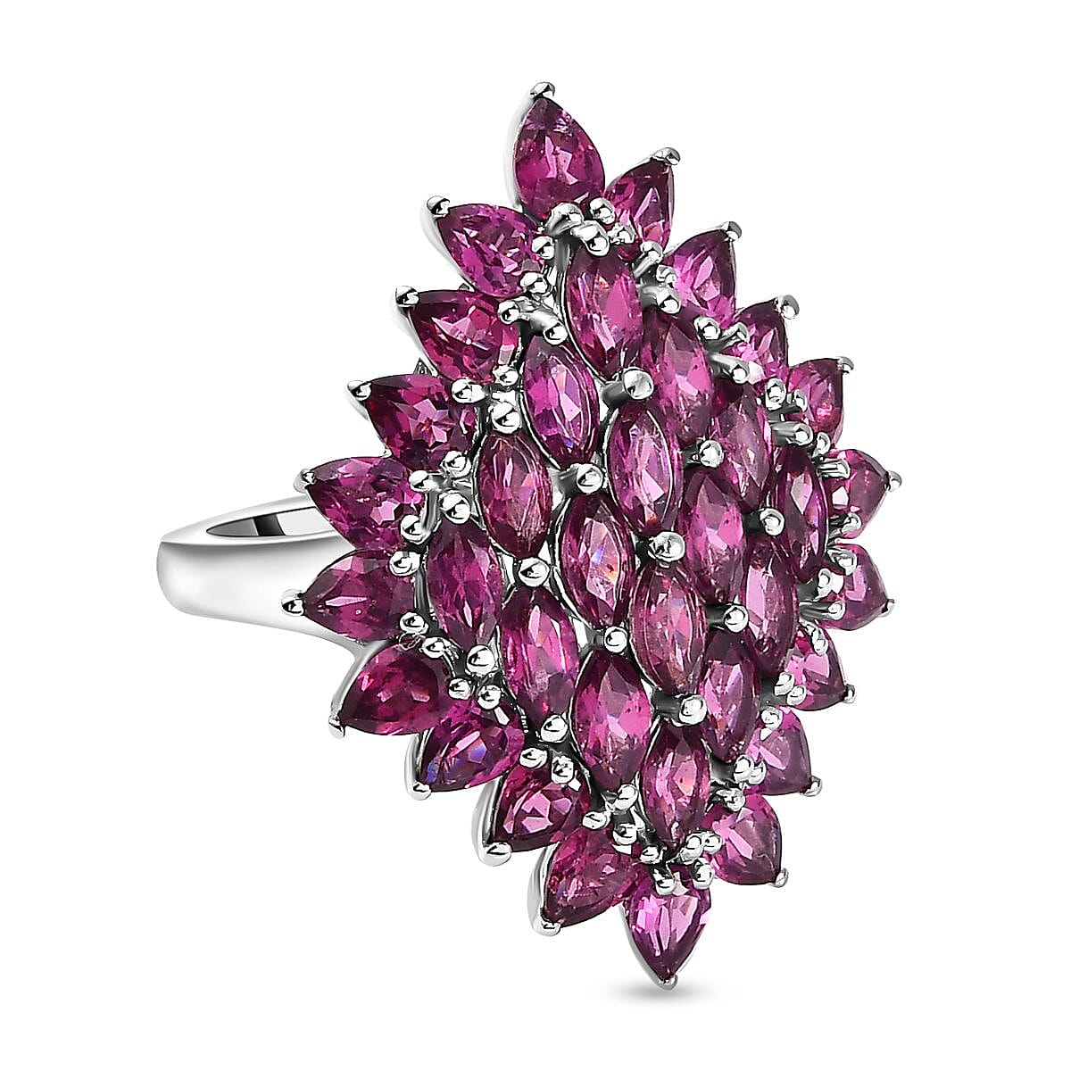 Rhodolite Garnet Cluster Ring in Platinum Overlay Sterling Silver 6.80 Ct, Silver Wt. 5.80 Gms.
