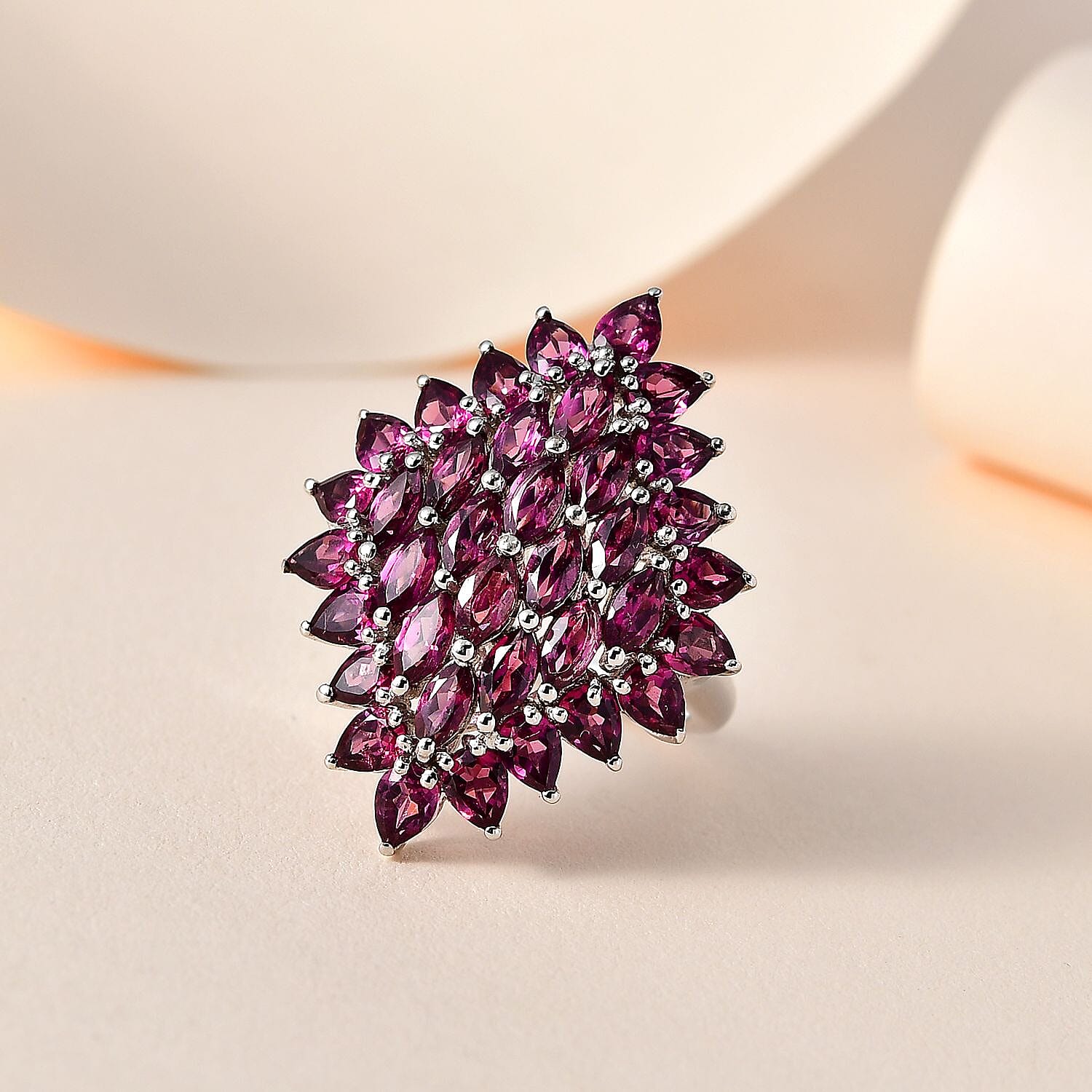 Rhodolite Garnet Cluster Ring in Platinum Overlay Sterling Silver 6.80 Ct, Silver Wt. 5.80 Gms.