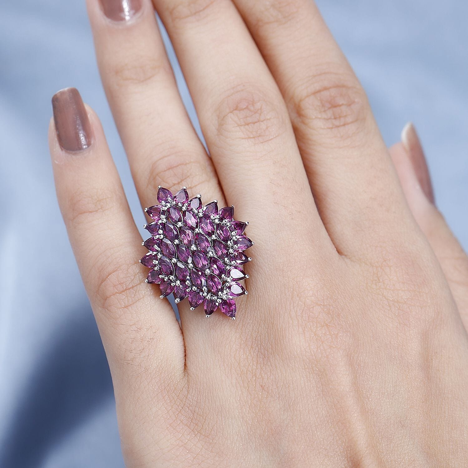 Rhodolite Garnet Cluster Ring in Platinum Overlay Sterling Silver 6.80 Ct, Silver Wt. 5.80 Gms.