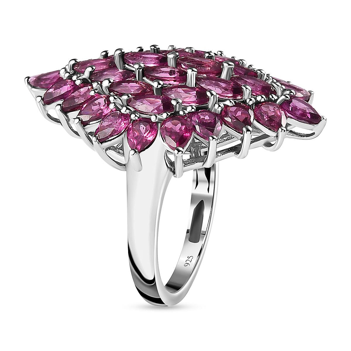 Rhodolite Garnet Cluster Ring in Platinum Overlay Sterling Silver 6.80 Ct, Silver Wt. 5.80 Gms.