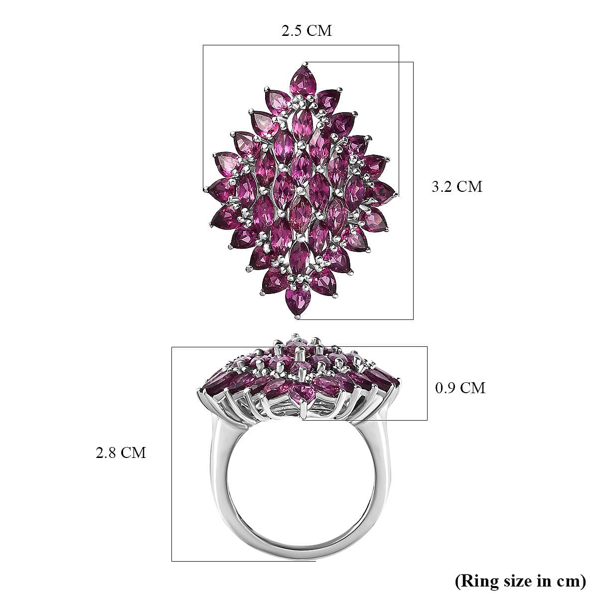 Rhodolite Garnet Cluster Ring in Platinum Overlay Sterling Silver 6.80 Ct, Silver Wt. 5.80 Gms.